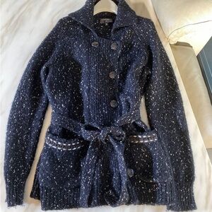 Navy Blue Knit Cardigan with Belt